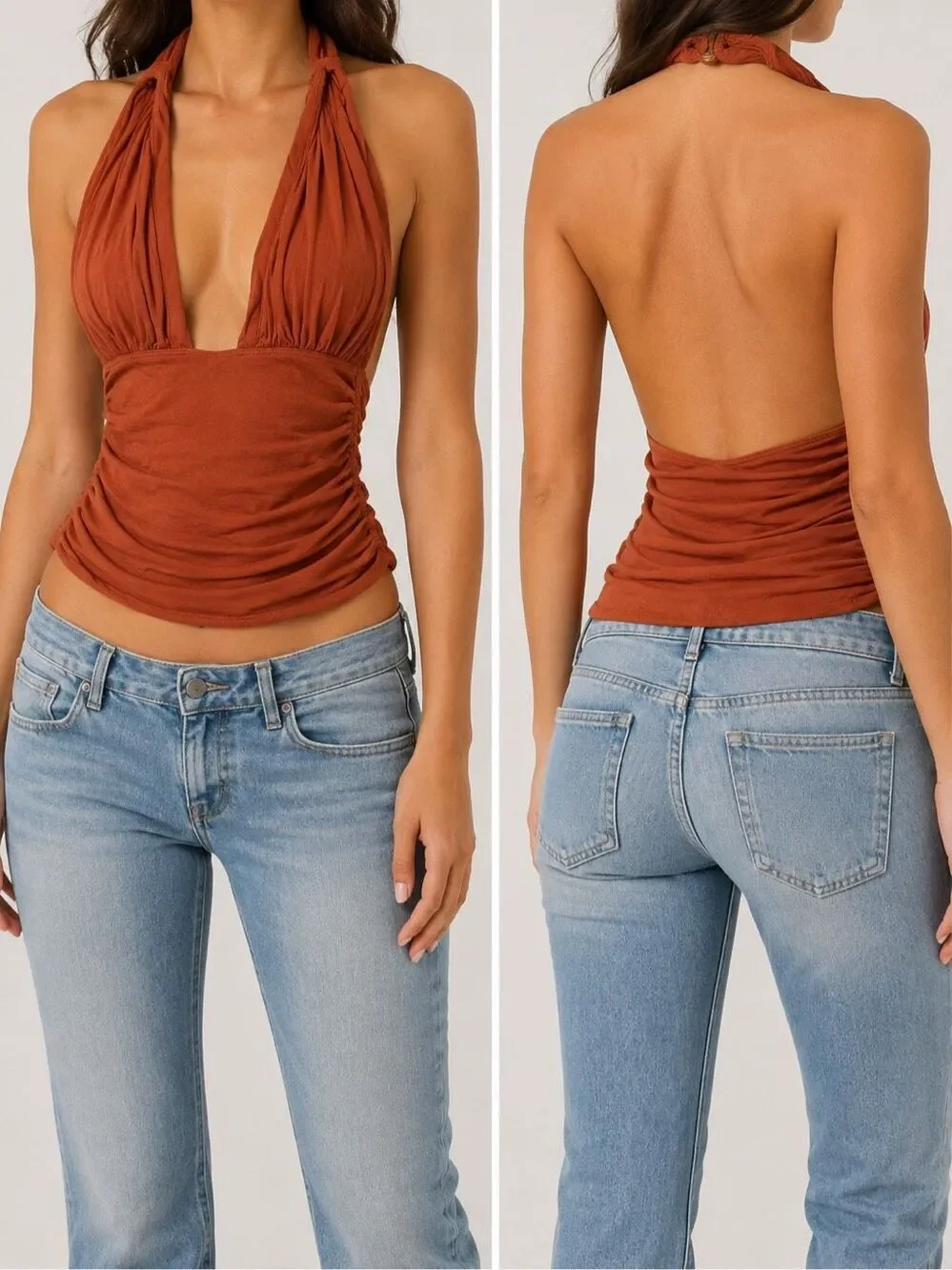 Free People FP One Rust Orange Halter Top S Plunge Ruched Y2K Boho